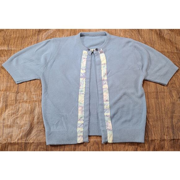 Vintage 1960s Blue Ribbon Trim Crew Neck Summer Cardigan XS/Sm One Button Knit - Picture 1 of 7